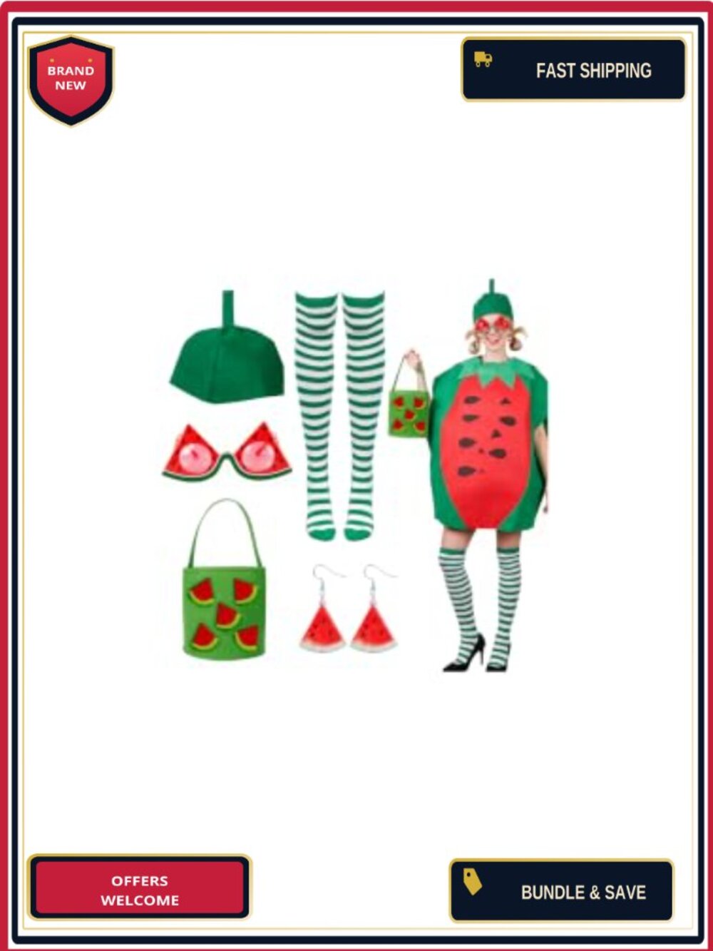 Watermelon Costume Set 6 Pieces Dress Hat Glasses Earrings Bucket